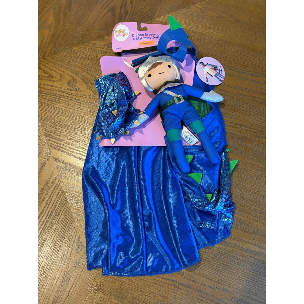 Giggle Scape Dragon Dress-up & Matching Doll Set Blue Kids Costume Ages 3-6 NEW